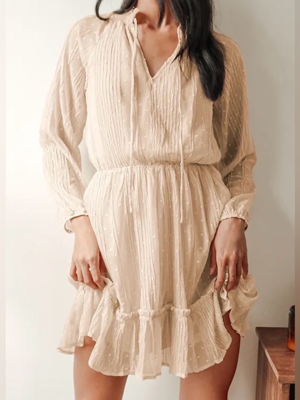 Lulus No Ordinary Love Cream Swiss Dot Mini Dress XL NWT Crinkle Long Sleeve